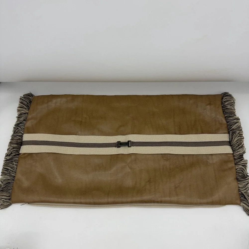 Eastern Accents Aiden Lumbar Pillow Case Brown Faux Leather With Buckle Fringe